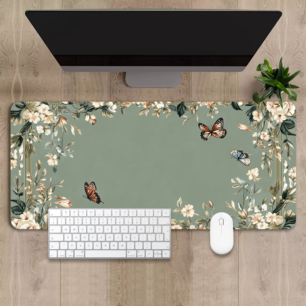 Desk Setup Art - 나비 무늬와 녹색 꽃무늬가 있는 식물