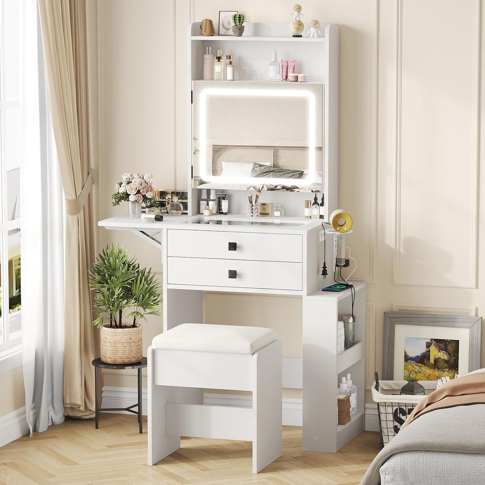 Desk Setup In Small Bedroom - 바브체스 소형 화장대 세트 (올드업 패널,