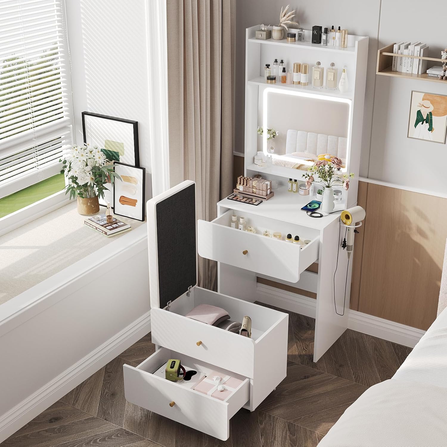Desk Setup In Small Bedroom - 화장대 세트(거울 및 조명 포함), 흰색