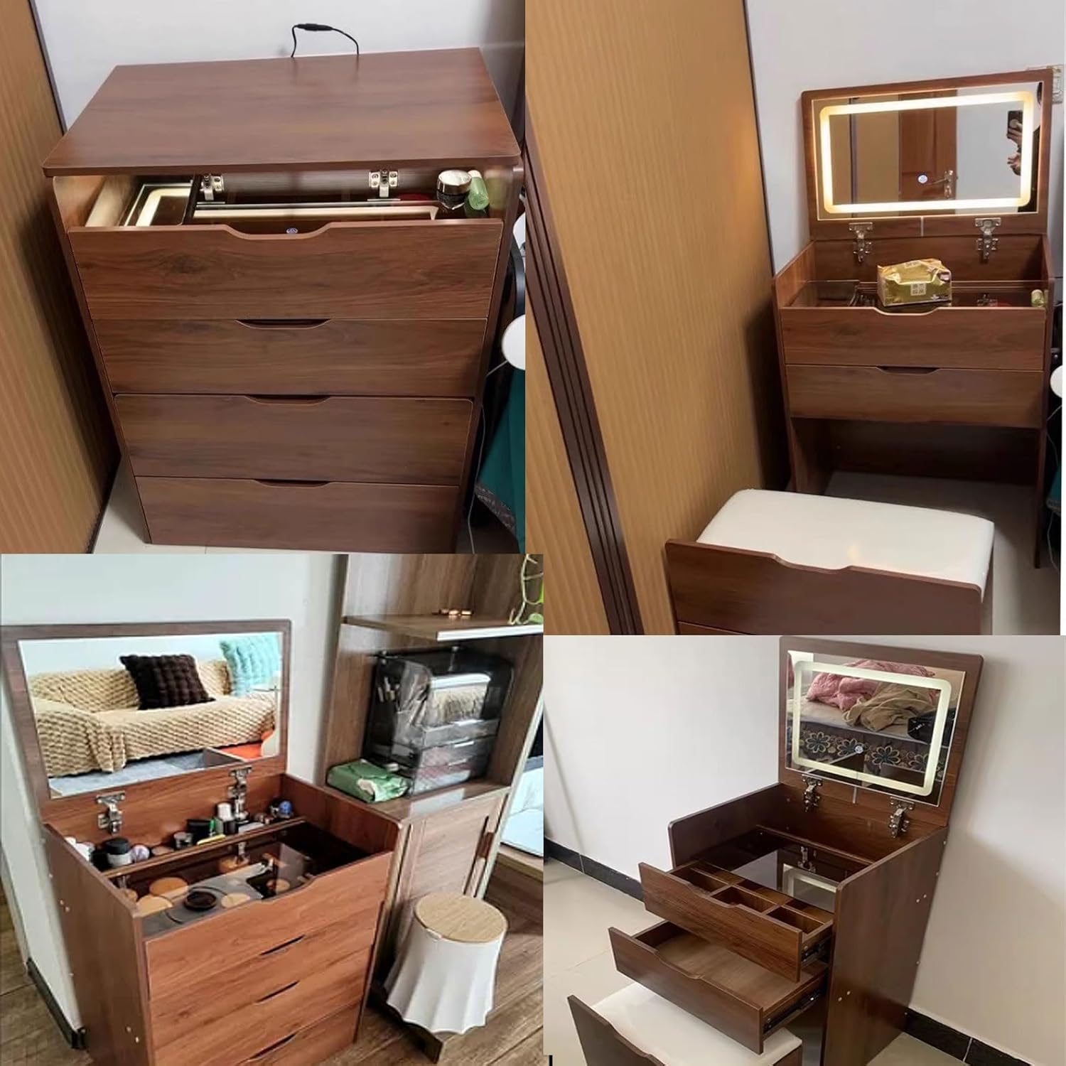 (월넛) 3 in 1 화장대 세트, 플립탑 거울 포함, - Desk Setup In Small Bedroom 리뷰 및 가격