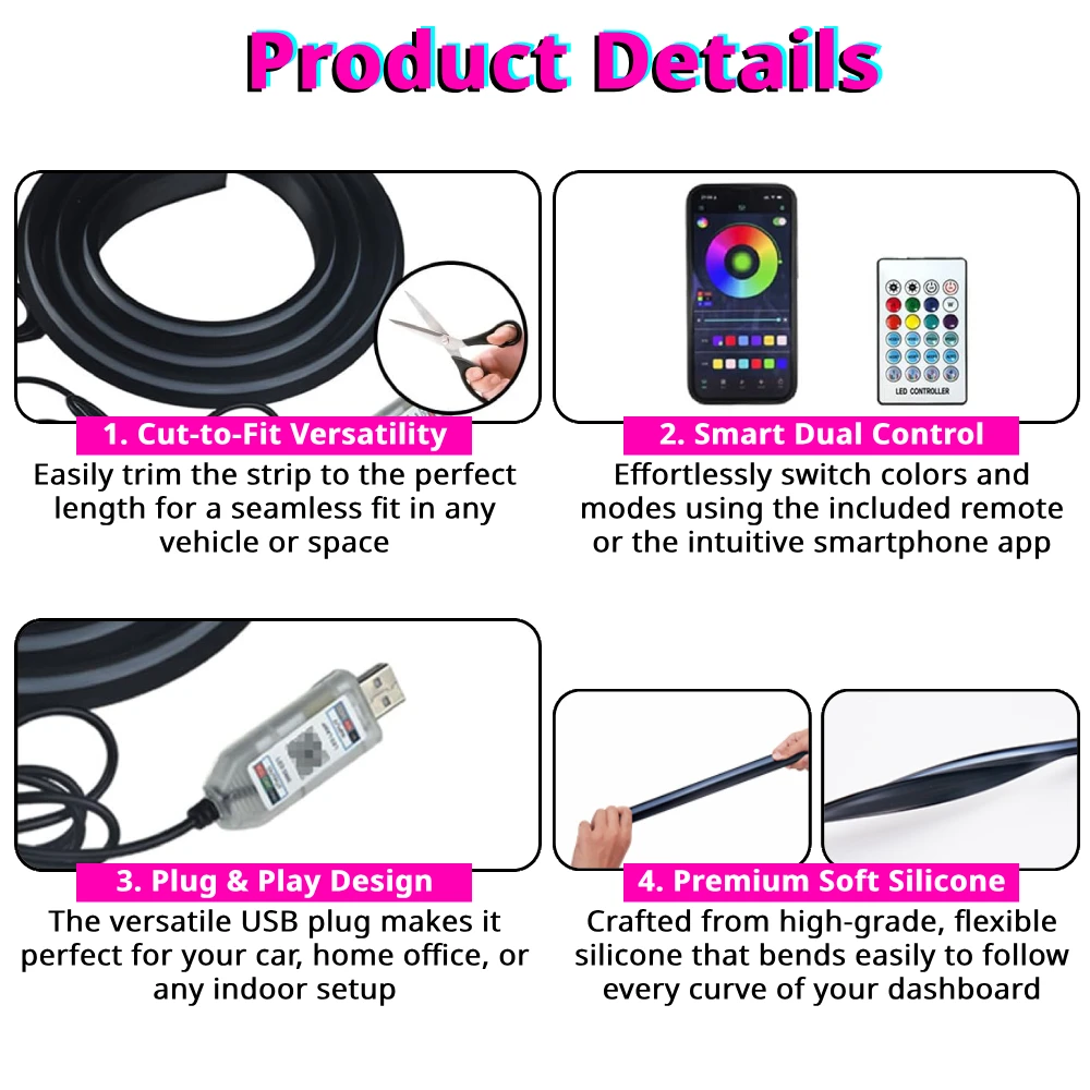 자동차 앞유리 앰비언트 라이트 스트립 59인치 RGB  - Ambient Light Bar Usb 리뷰 및 가격